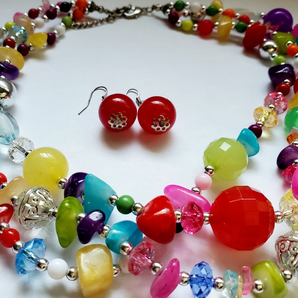 Multicolored Beaded Necklace and Earrings Set